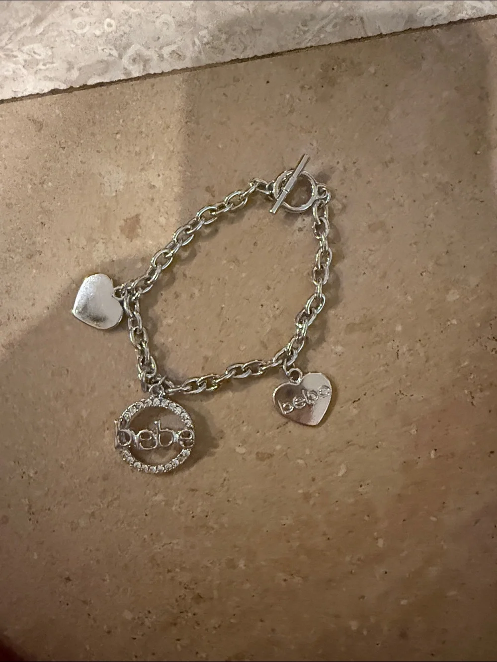 bebe Silver Heart Charm Chain Bracelet